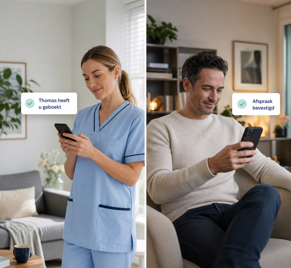 Verpleegkundige en cliënt gebruiken de MET-CARE app thuis